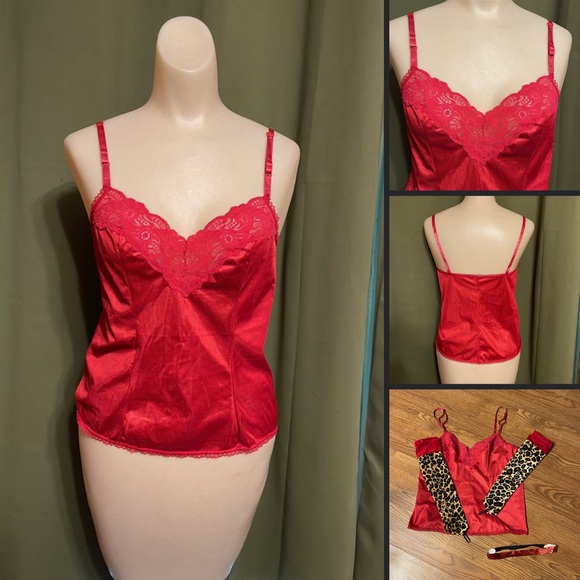 Vintage Other - Vintage Vanity Fair Red Chemise Lace Top 34 Vintage Red Satin Lace Chemise Top